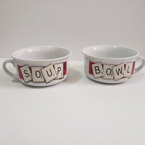 Scrabble Soup Bowl Set Of Two White Ceramic 2005 Hasbro Handles Mug Cup